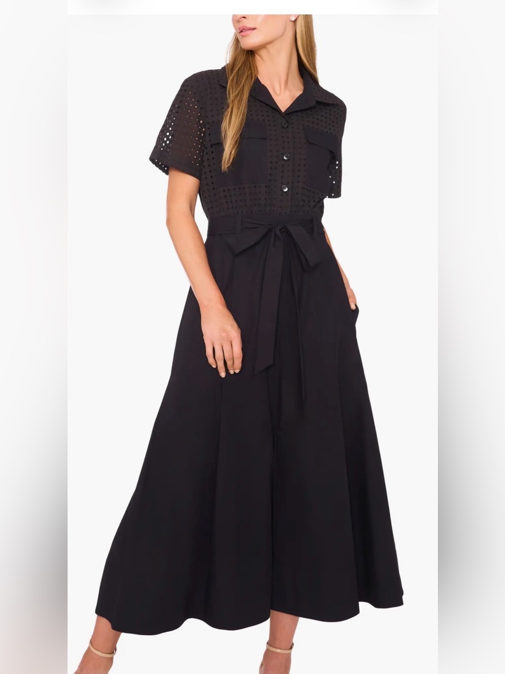 HALOGEN Eyelet Embroidery Cotton Midi Black Belted Shirtdress Sz Small